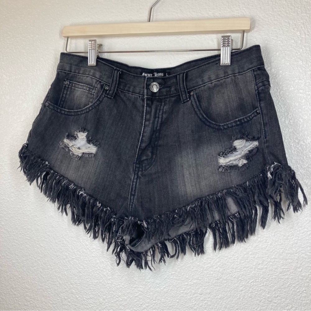 Encore Jeans Denim Cutoff Shorts Large High Rise Black Gray frayed hem.